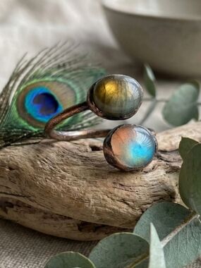 Handmade Boho Vintage Genuine Labradorite Dual Gem Adjustable Copper Wrap Ring